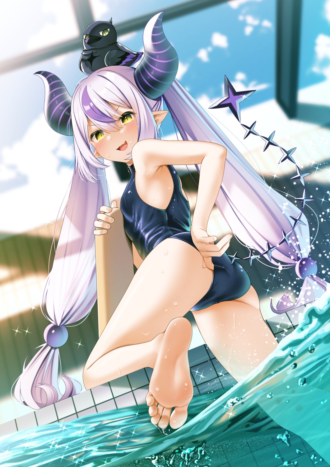 ass cameltoe casino_(casinoep) crow_(la+_darknesss) feet hololive horns la+_darknesss loli pointy_ears school_swimsuit swimsuits tail wet