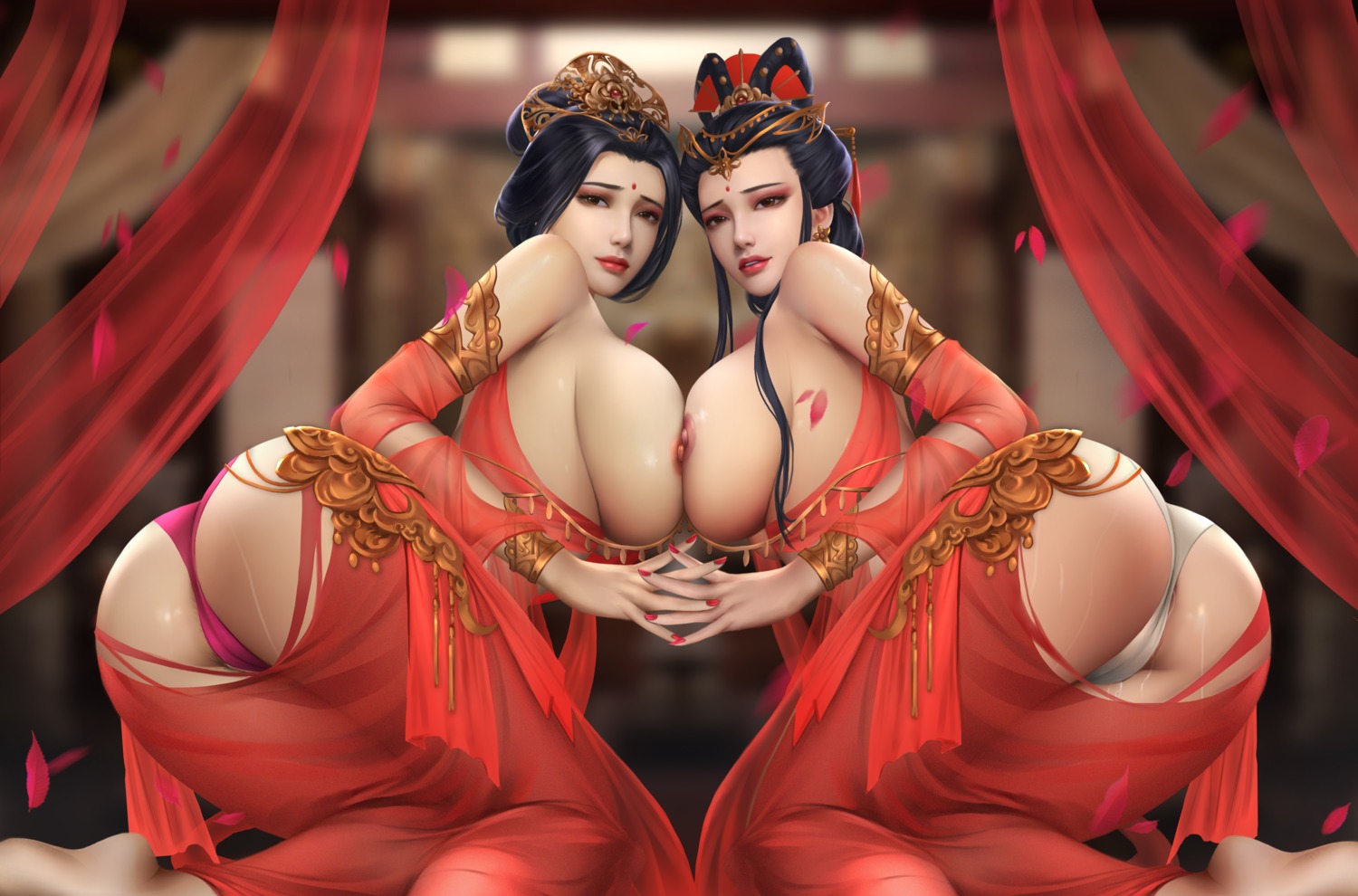 asian_clothes ass breasts cameltoe jianxia_qingyuan_3 ming_xing nipples no_bra pantsu see_through symmetrical_docking thong torn_clothes