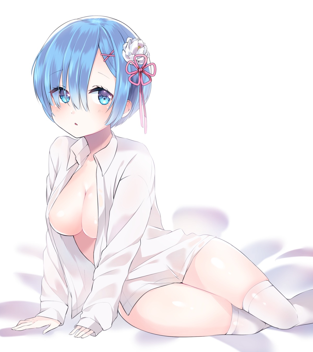 dress_shirt no_bra open_shirt re_zero_kara_hajimeru_isekai_seikatsu rem_(re_zero) thighhighs urim_(paintur)