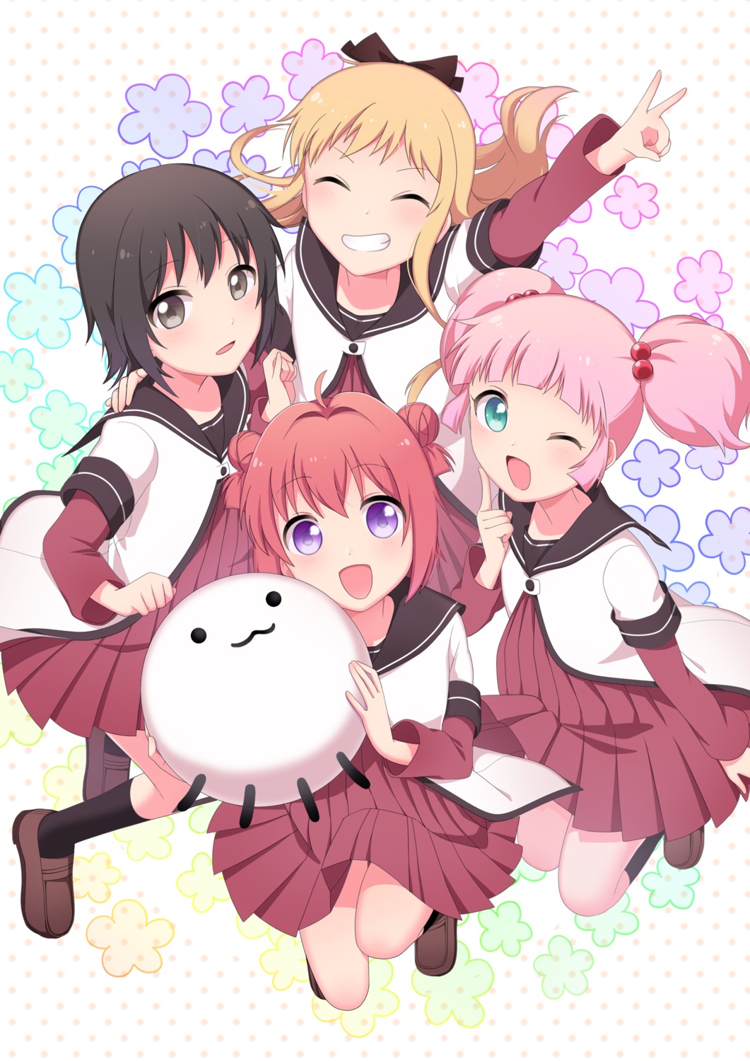 akaza_akari funami_yui nnn_yryr seifuku skirt_lift toshinou_kyouko yoshikawa_chinatsu yuru_yuri