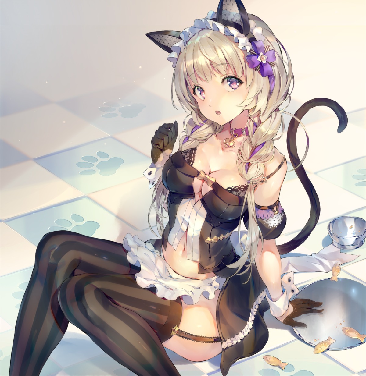 animal_ears bra cleavage deecha maid nekomimi skirt_lift stockings tail thighhighs waitress