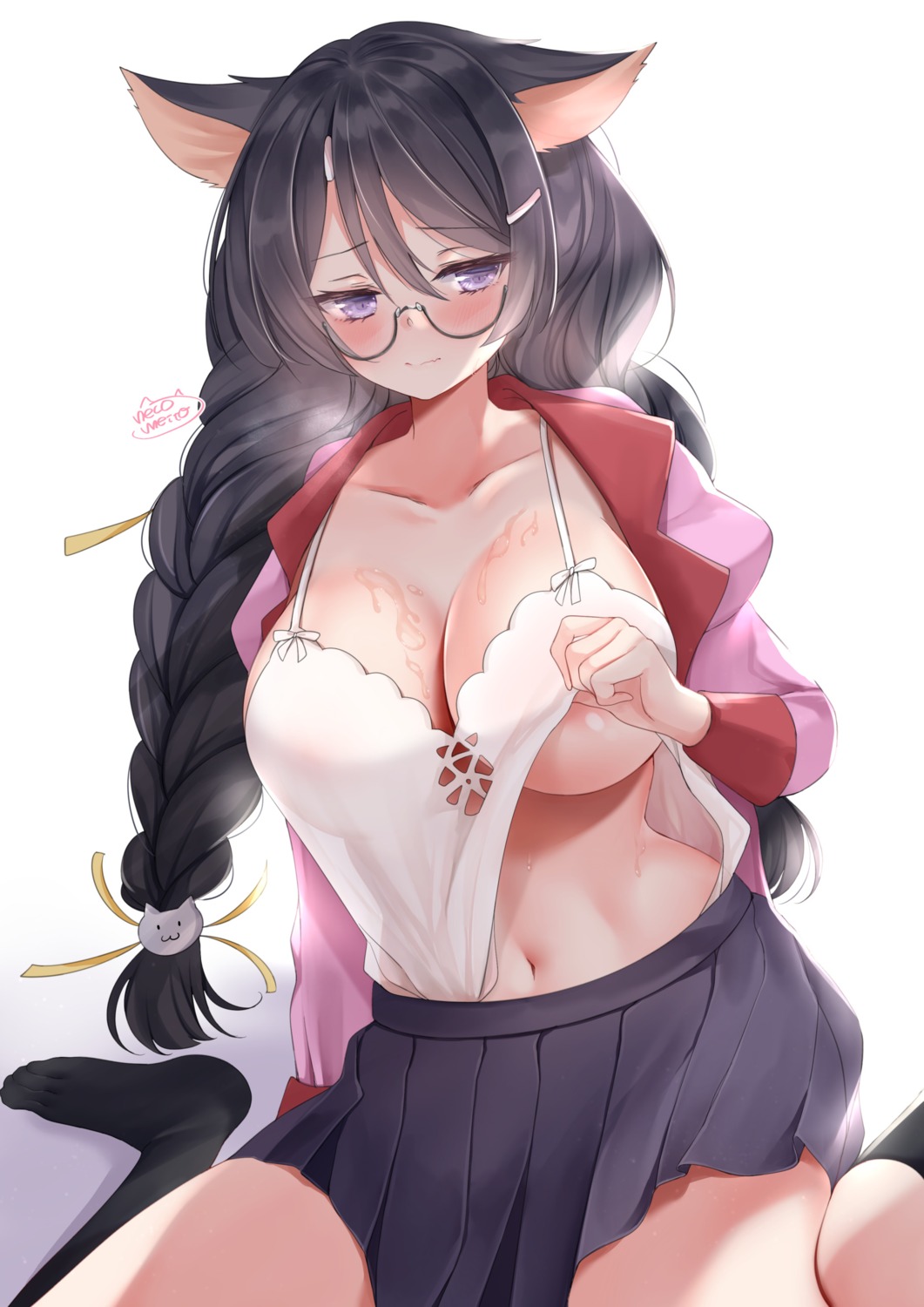 animal_ears asa_project hanekawa_tsubasa lingerie megane monogatari_(series) neco_meito seifuku shirt_lift undressing