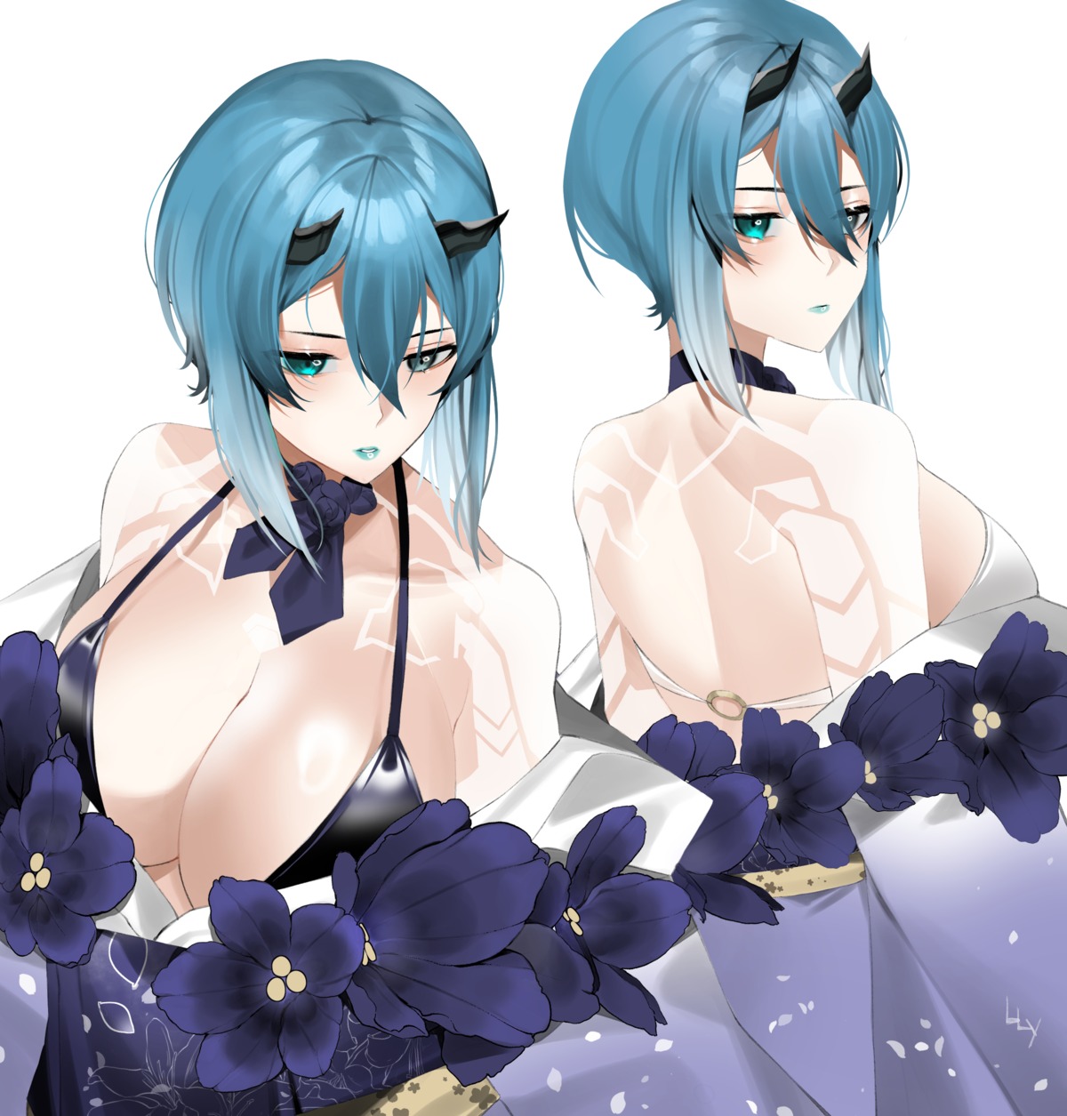 bikini_top heterochromia horns japanese_clothes lilycious open_shirt phantasy_star_online_2 swimsuits tattoo