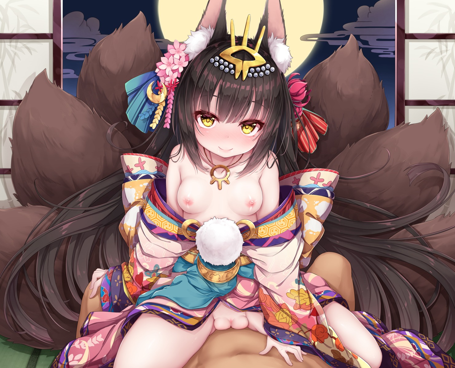 animal_ears azur_lane breasts japanese_clothes kitsune loli nagato_(azur_lane) nipples no_bra nopan photoshop pussy sex skirt_lift sorairo_len tail uncensored