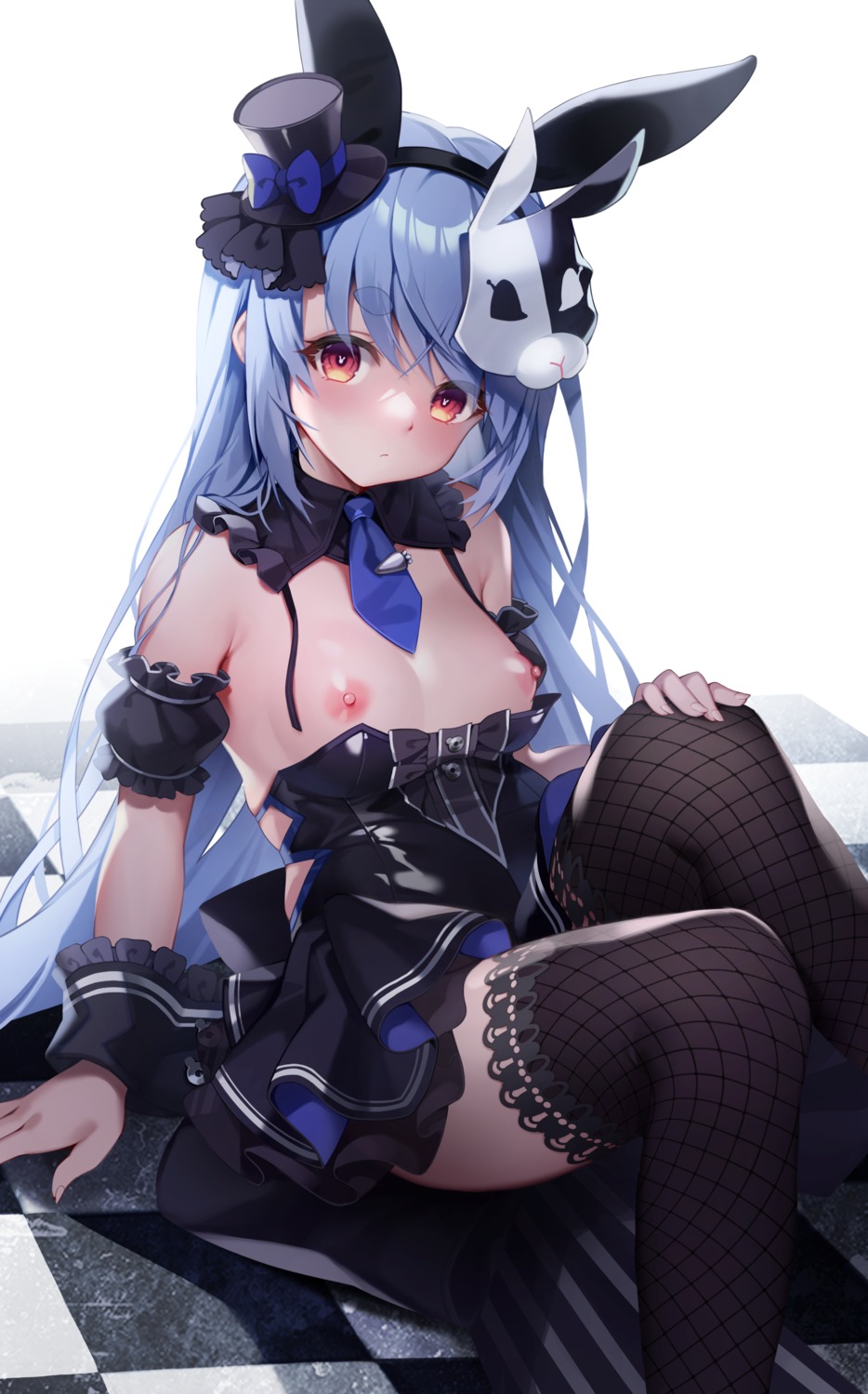 animal_ears breasts bunny_ears dress fishnets gothic_lolita hololive lolita_fashion nipples no_bra open_shirt pinki_o64 skirt_lift thighhighs usada_pekora