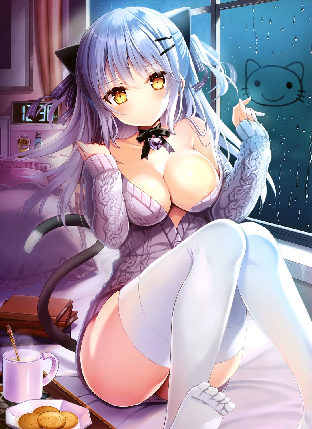 animal_ears areola nekomimi no_bra open_shirt shiwasu_horio sweater tail thighhighs