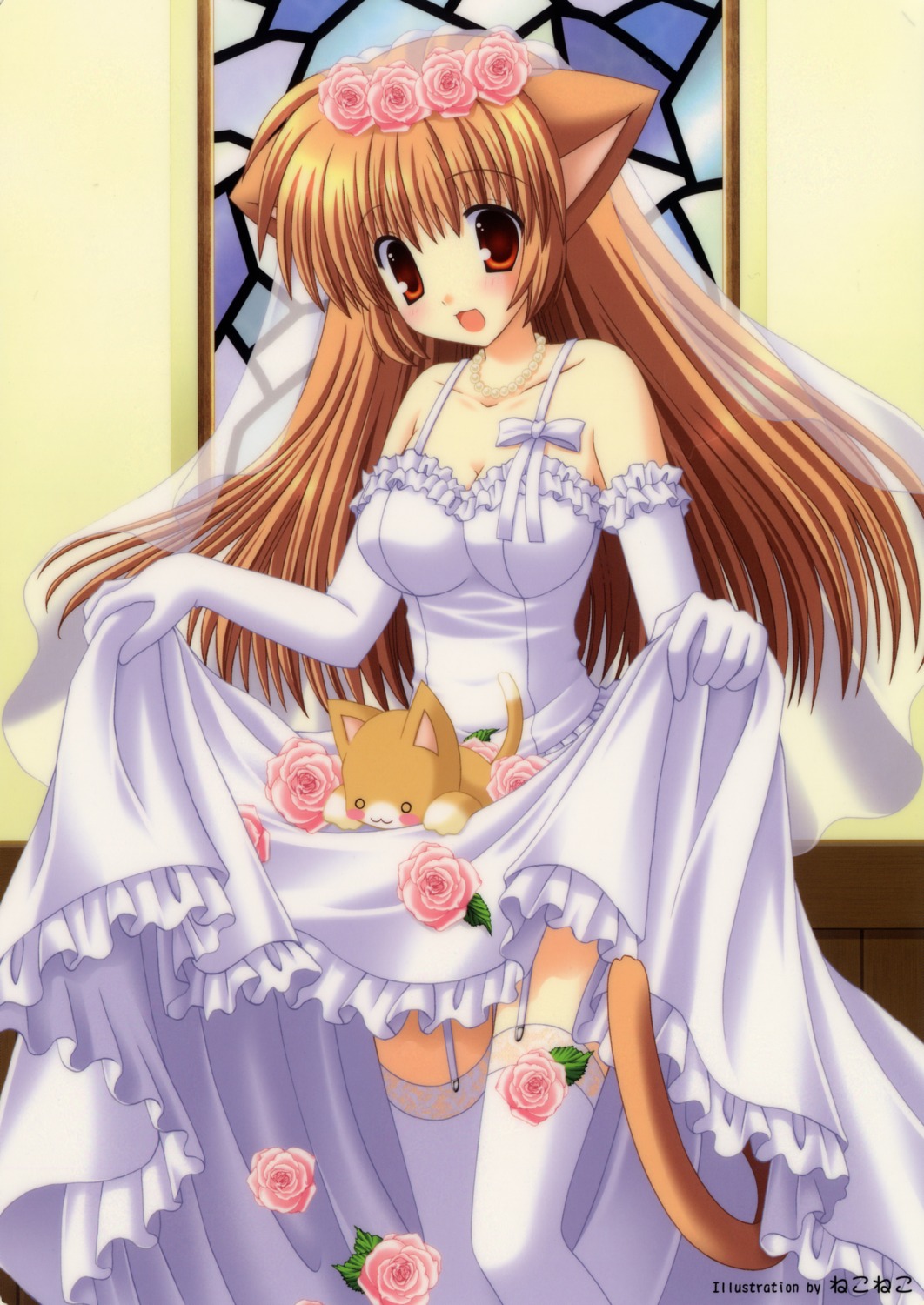 animal_ears cleavage dress neko nekomimi nekoneko skirt_lift stockings tail thighhighs wedding_dress