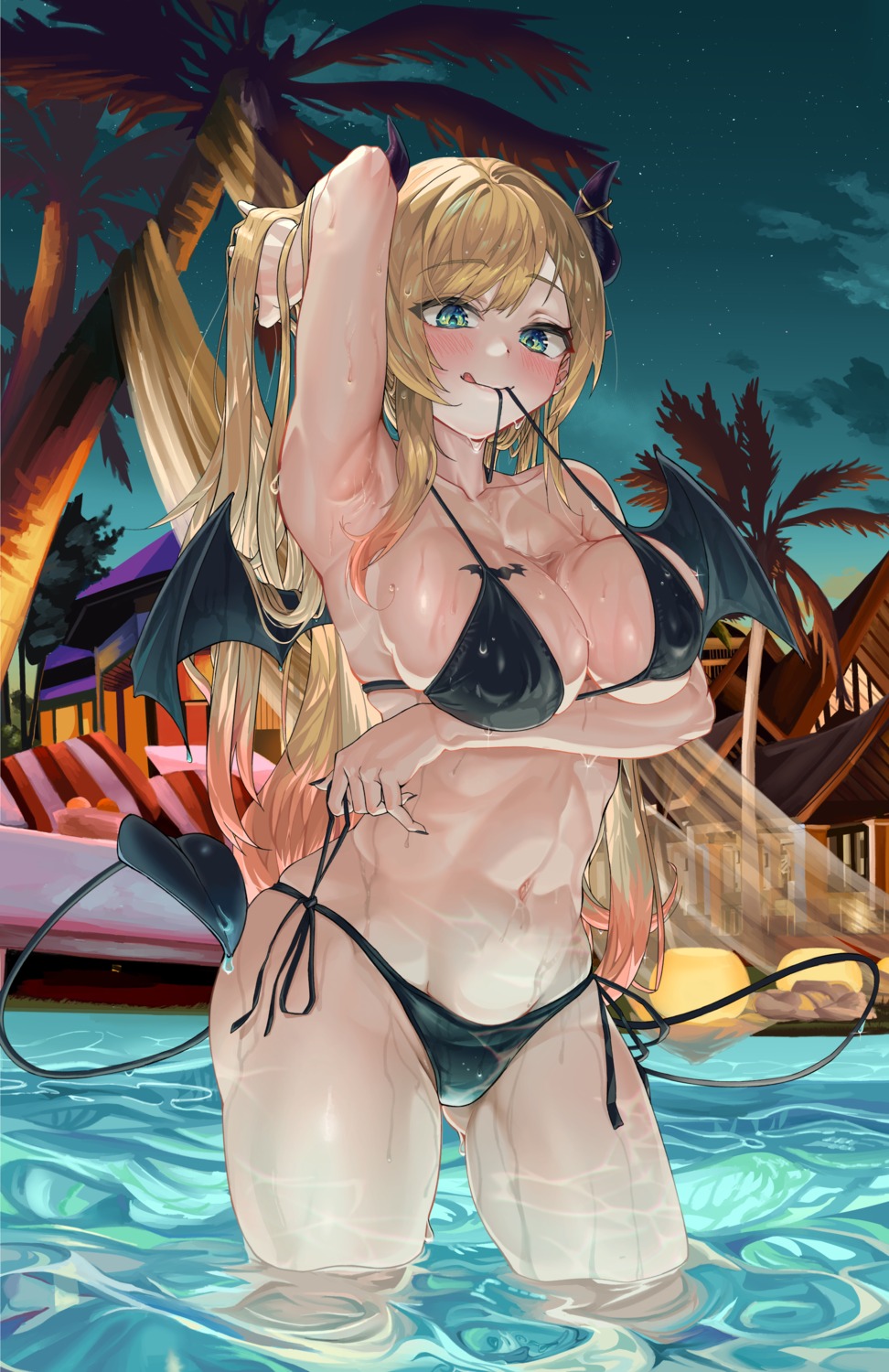 bikini breast_hold erect_nipples hololive horns panty_pull pointy_ears snarkhunt swimsuits tail tattoo undressing wet yuzuki_choco