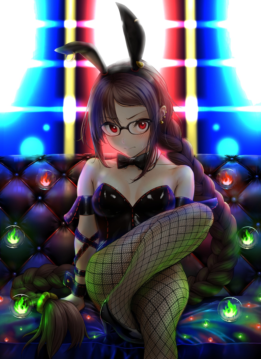 animal_ears bunny_ears bunny_girl cleavage consort_yu_(fate/grand_order) fate/grand_order fishnets heels kozuka_yasushi megane no_bra pantyhose