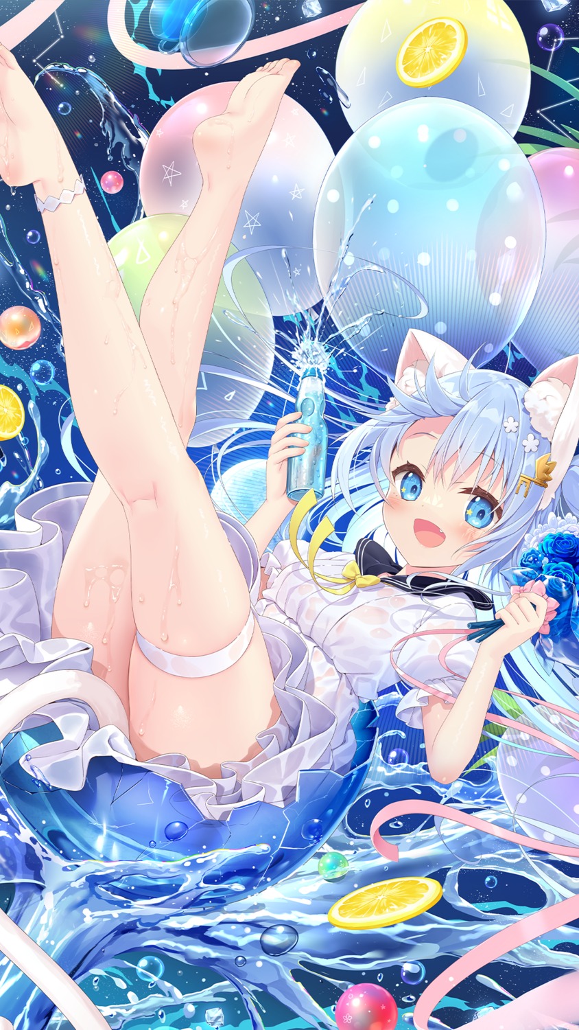 animal_ears dress emori_miku_project garter mint_(yano_mitsuki) nekomimi tail wet wet_clothes yano_mitsuki