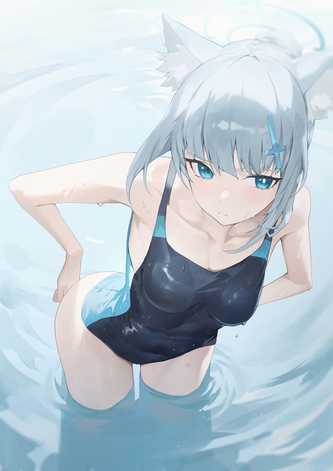 animal_ears blue_archive halo nekomimi sb_lama sunaookami_shiroko swimsuits wet