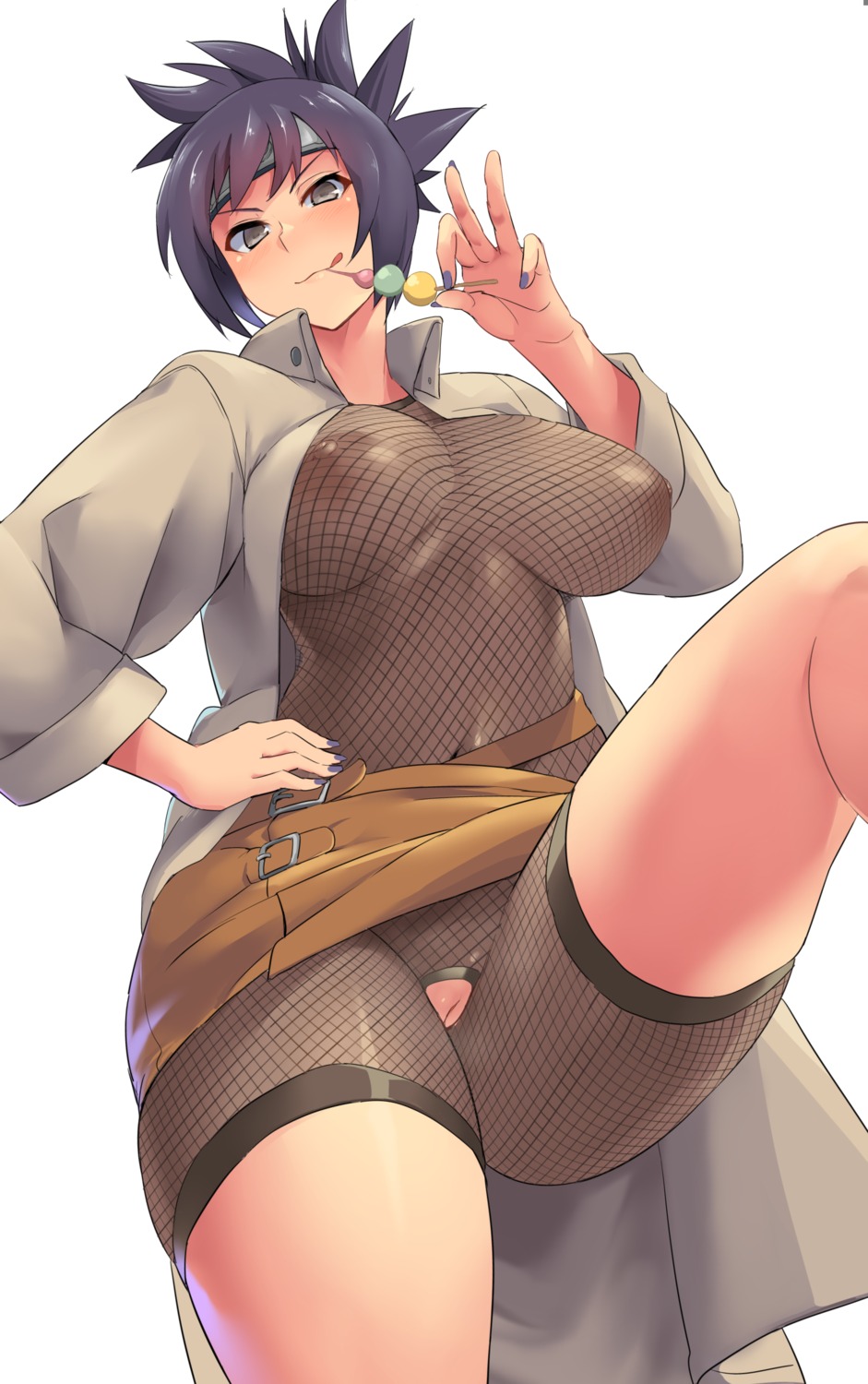 fishnets minakami_(flyingman555) mitarashi_anko naruto nipples no_bra nopan pussy see_through skirt_lift uncensored