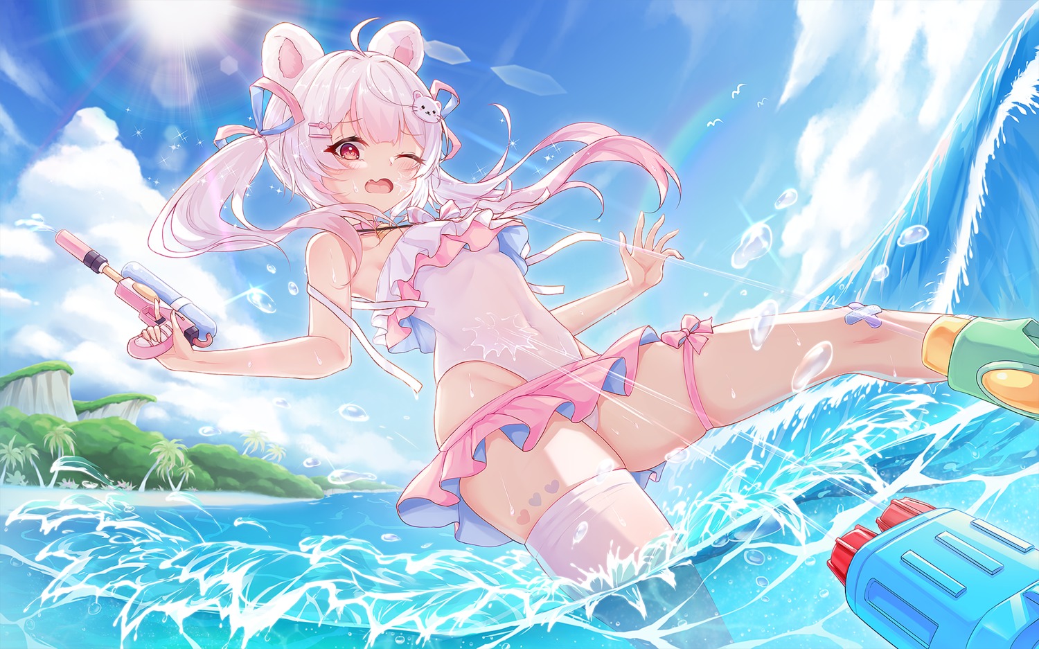 animal_ears garter gun kirituka_yuuka swimsuits thighhighs wet