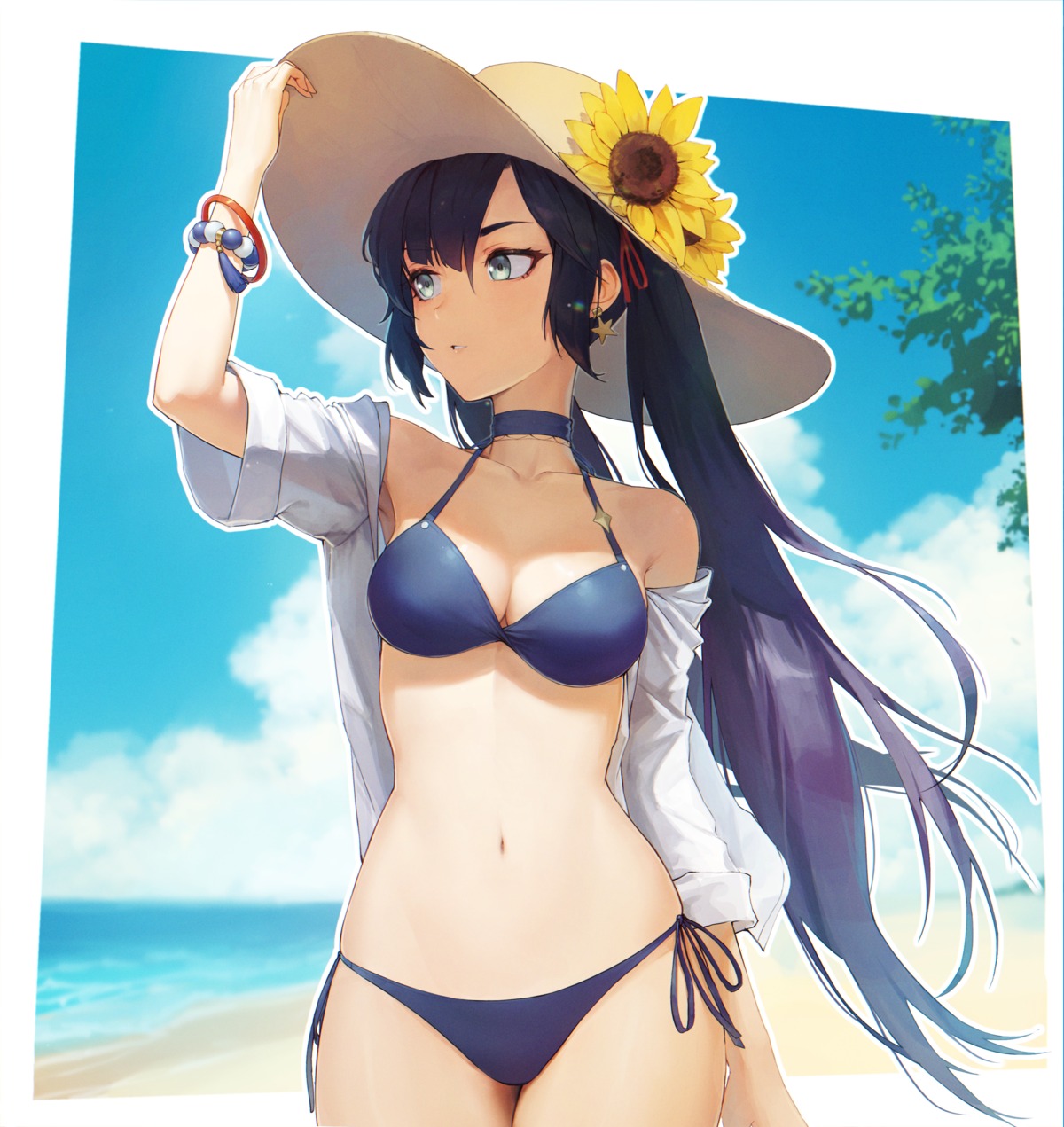 alaskastomatoez bikini genshin_impact mona_megistus open_shirt see_through swimsuits