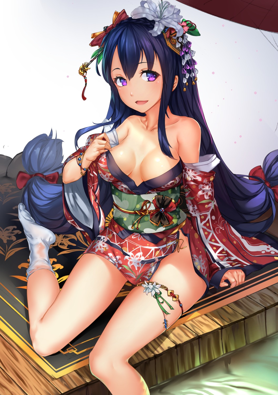 cleavage garter juesnow kimono no_bra open_shirt undressing