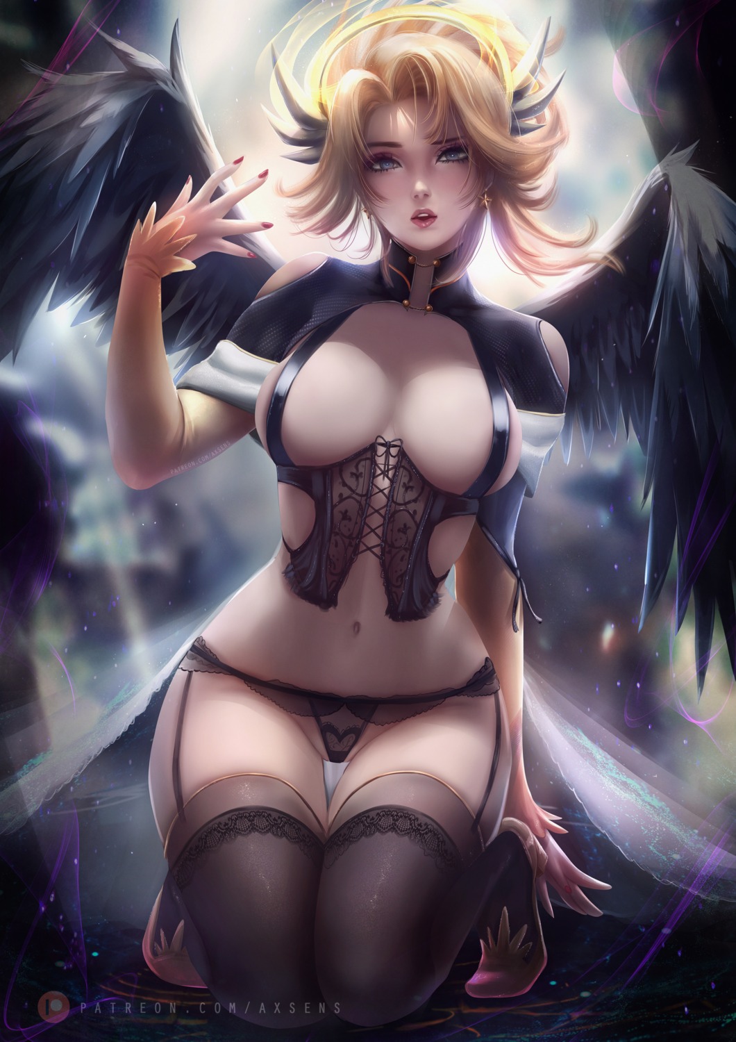 axsens heels lingerie mercy_(overwatch) no_bra overwatch pantsu stockings thighhighs wings