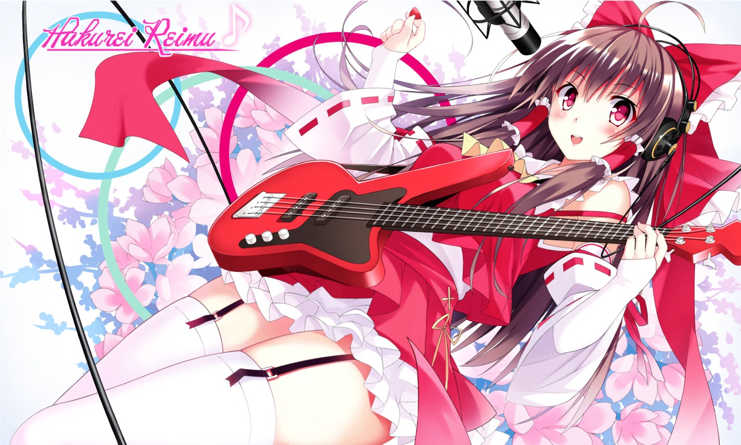 guitar hakurei_reimu headphones mushroom stockings thighhighs touhou