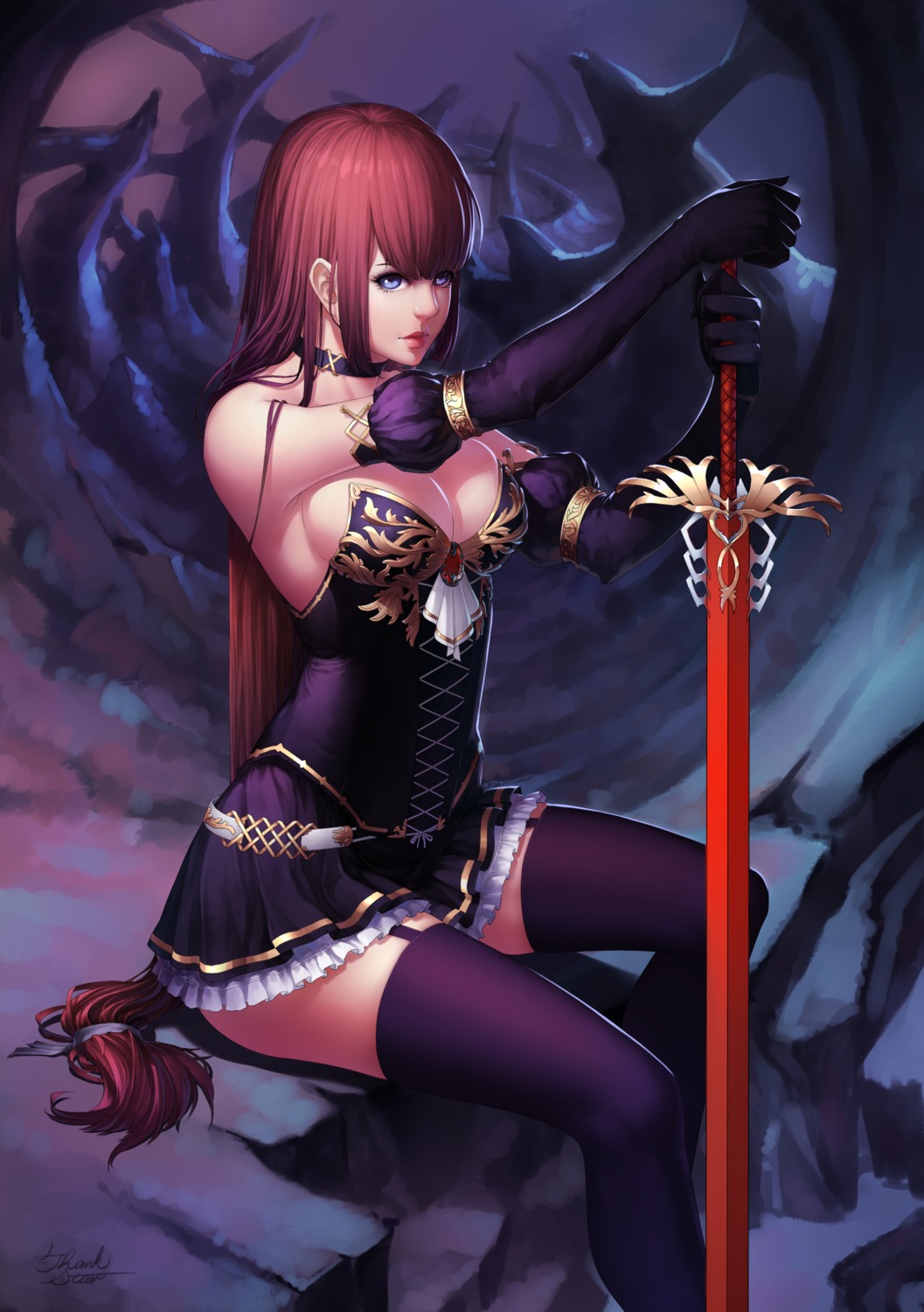 cleavage no_bra stockings sword thank_star thighhighs