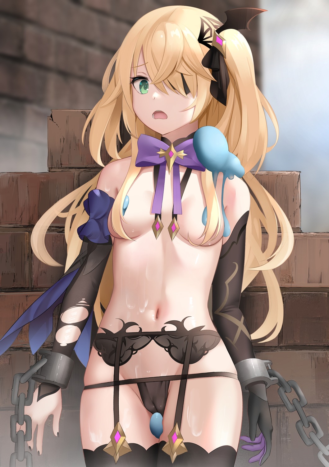 bondage cameltoe cream eyepatch fischl garter_belt genshin_impact onasuba pantsu stockings thighhighs topless