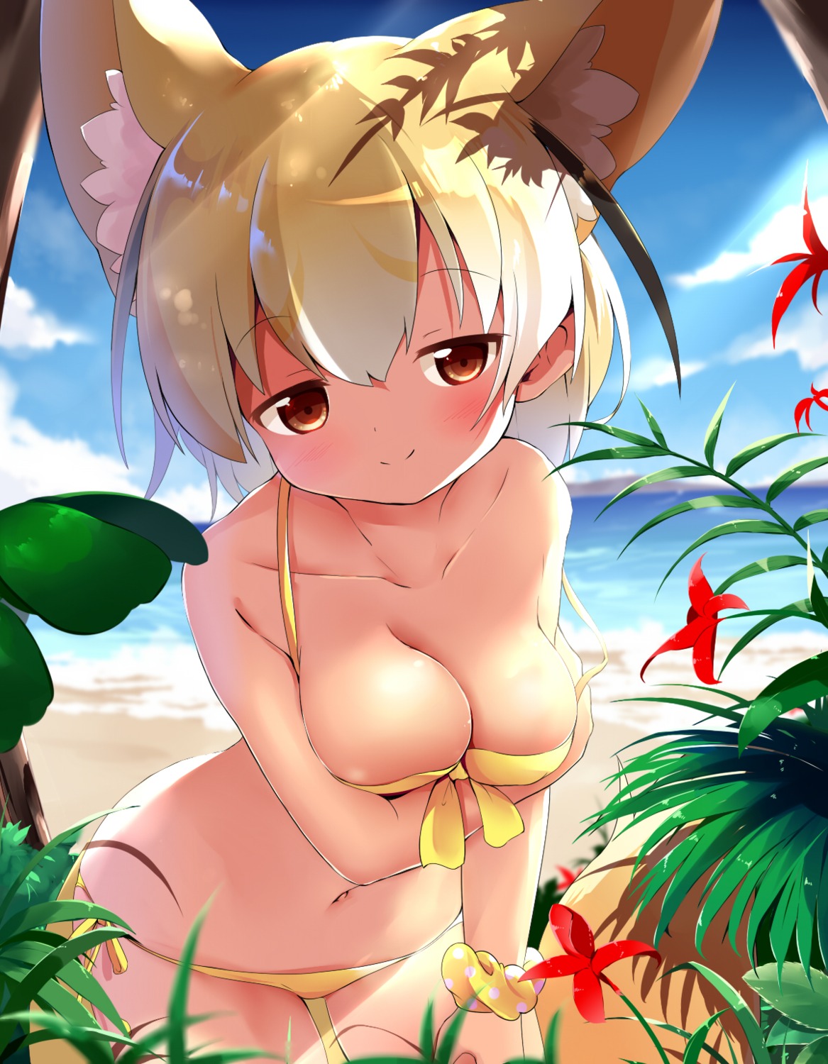 animal_ears bikini breast_hold fennec_(kemono_friends) kemono_friends makuran swimsuits tail wardrobe_malfunction