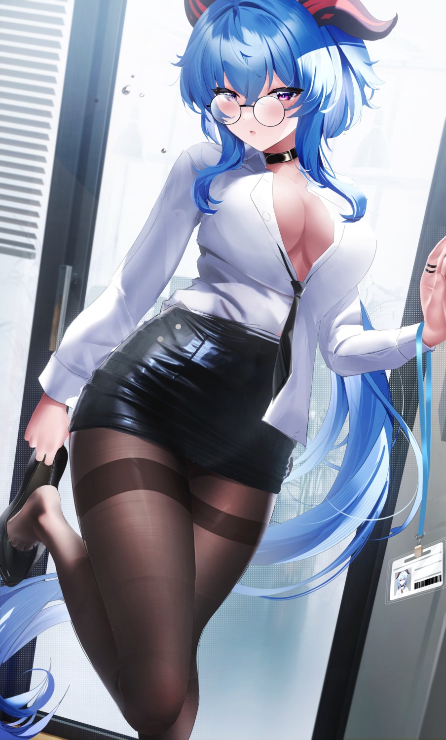 dress_shirt fantongjun ganyu genshin_impact horns megane no_bra open_shirt pantyhose