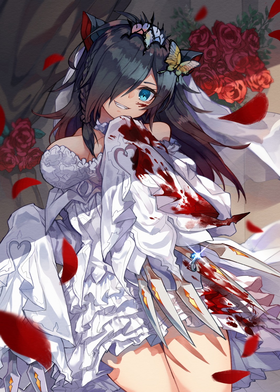 animal_ears blood cleavage dress kuuron nekomimi puzzle_&_dragons weapon wedding_dress