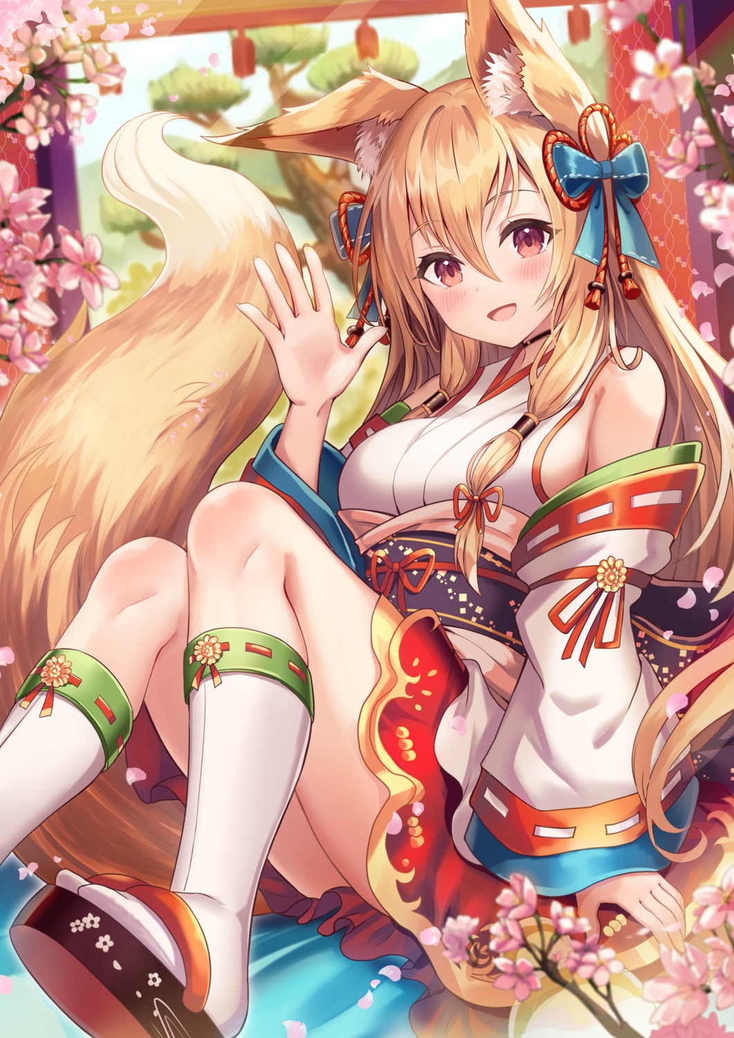 animal_ears japanese_clothes kitsune no_bra sakura_ani skirt_lift tail