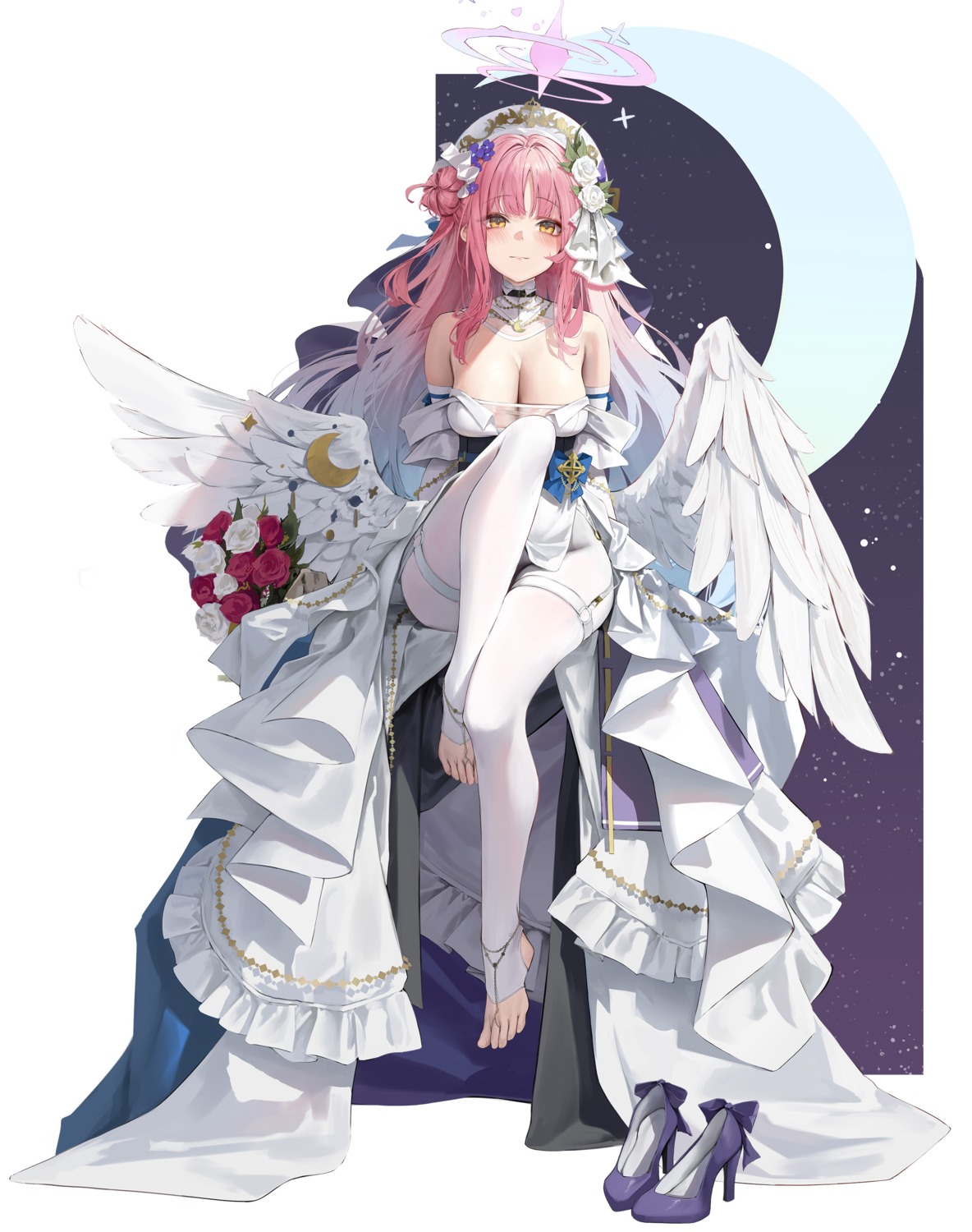 angel blue_archive dress feet garter hiki_niito misono_mika no_bra pantyhose skirt_lift wedding_dress wings