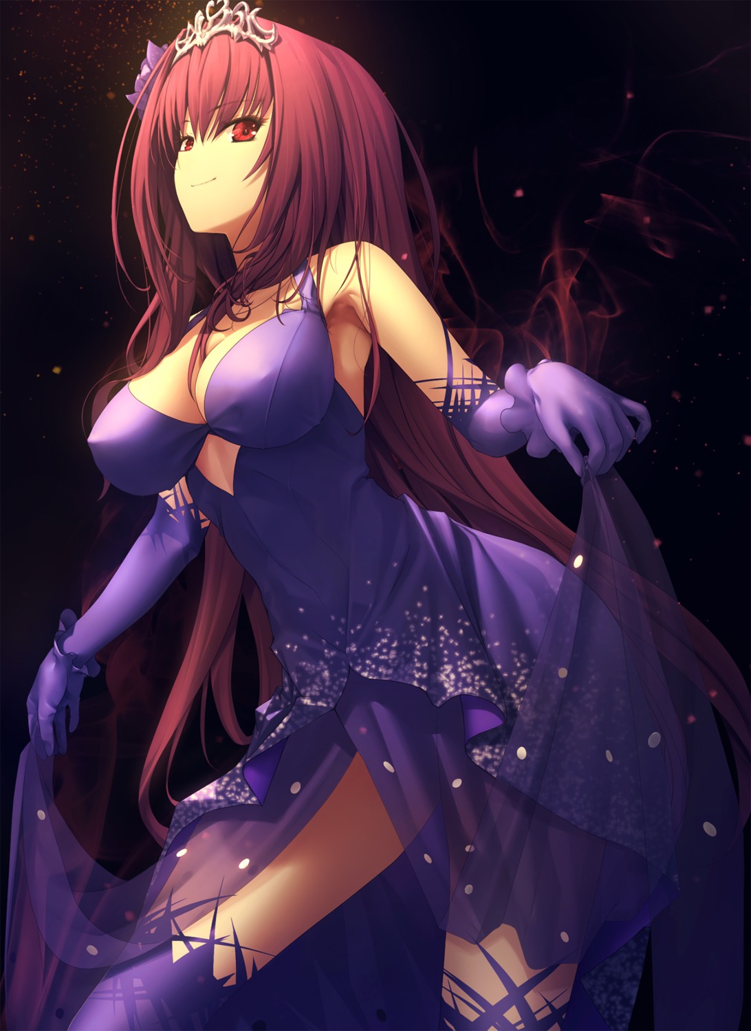 cleavage dress erect_nipples fate/grand_order kawanakajima no_bra scathach_(fate/grand_order) see_through skirt_lift thighhighs