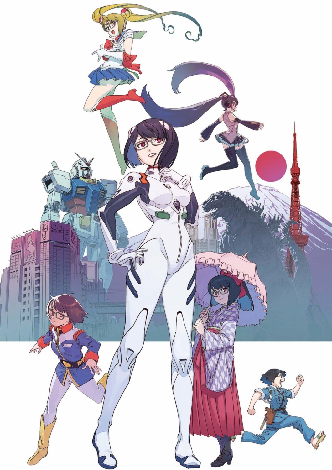 bodysuit cosplay crossover godzilla_(series) gun gundam haikara-san_ga_tooru hanamura_benio hatsune_miku headphones heels japanese_clothes kochikame mecha megane neon_genesis_evangelion sailor_moon thighhighs tsukino_usagi umbrella uniform vocaloid yoshinari_you