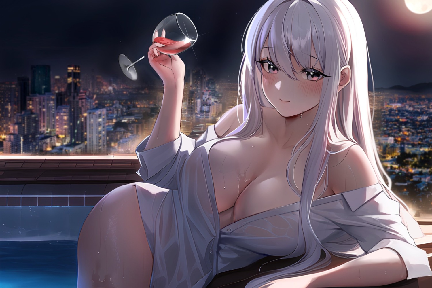 bottomless dress_shirt no_bra open_shirt see_through tacco_(tikeworld) wardrobe_malfunction wet wet_clothes