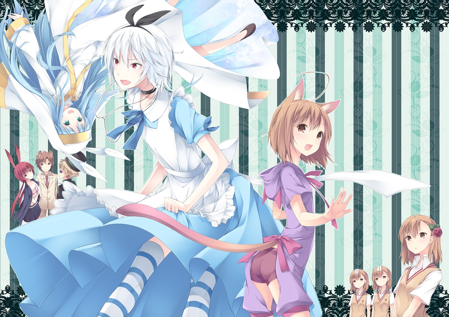 accelerator alice_in_wonderland animal_ears ass cosplay crossdress index last_order misaka_imouto misaka_mikoto musujime_awaki sagami_rin sarashi seifuku tail thighhighs to_aru_kagaku_no_railgun to_aru_majutsu_no_index tsuchimikado_motoharu