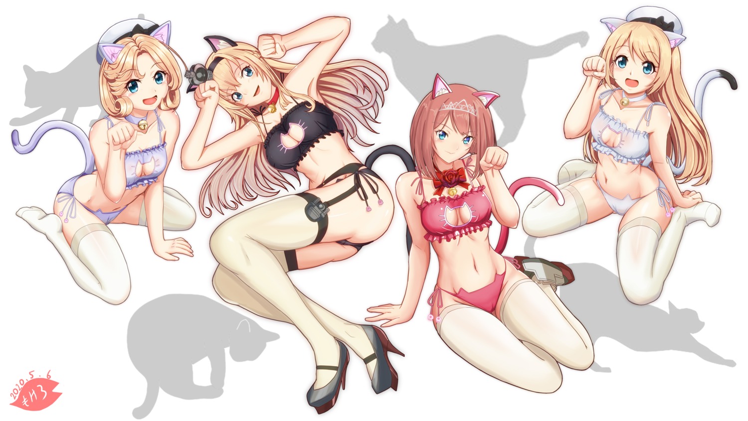 animal_ears ark_royal_(kancolle) bra cameltoe cleavage garter_belt heels janus_(kancolle) jervis_(kancolle) kantai_collection mokerou nekomimi pantsu stockings string_panties tail thighhighs warspite_(kancolle)