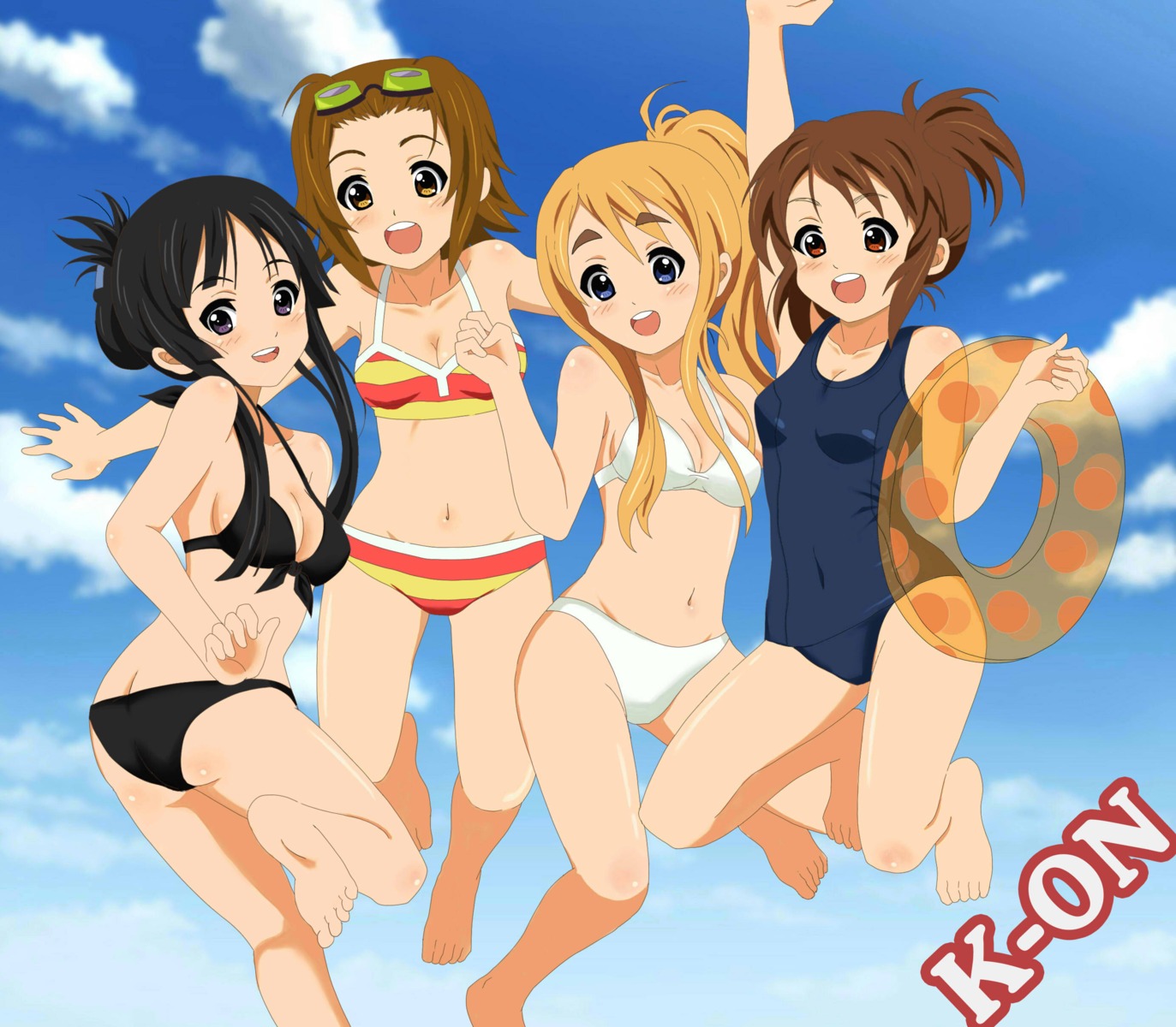 akiyama_mio bikini cleavage hirasawa_yui jpeg_artifacts k-on! kotobuki_tsumugi school_swimsuit swimsuits tainaka_ritsu tonee