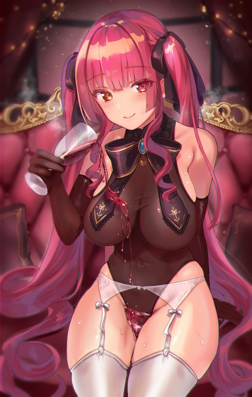 bishooji garter_belt heterochromia hololive houshou_marine leotard no_bra stockings thighhighs wet