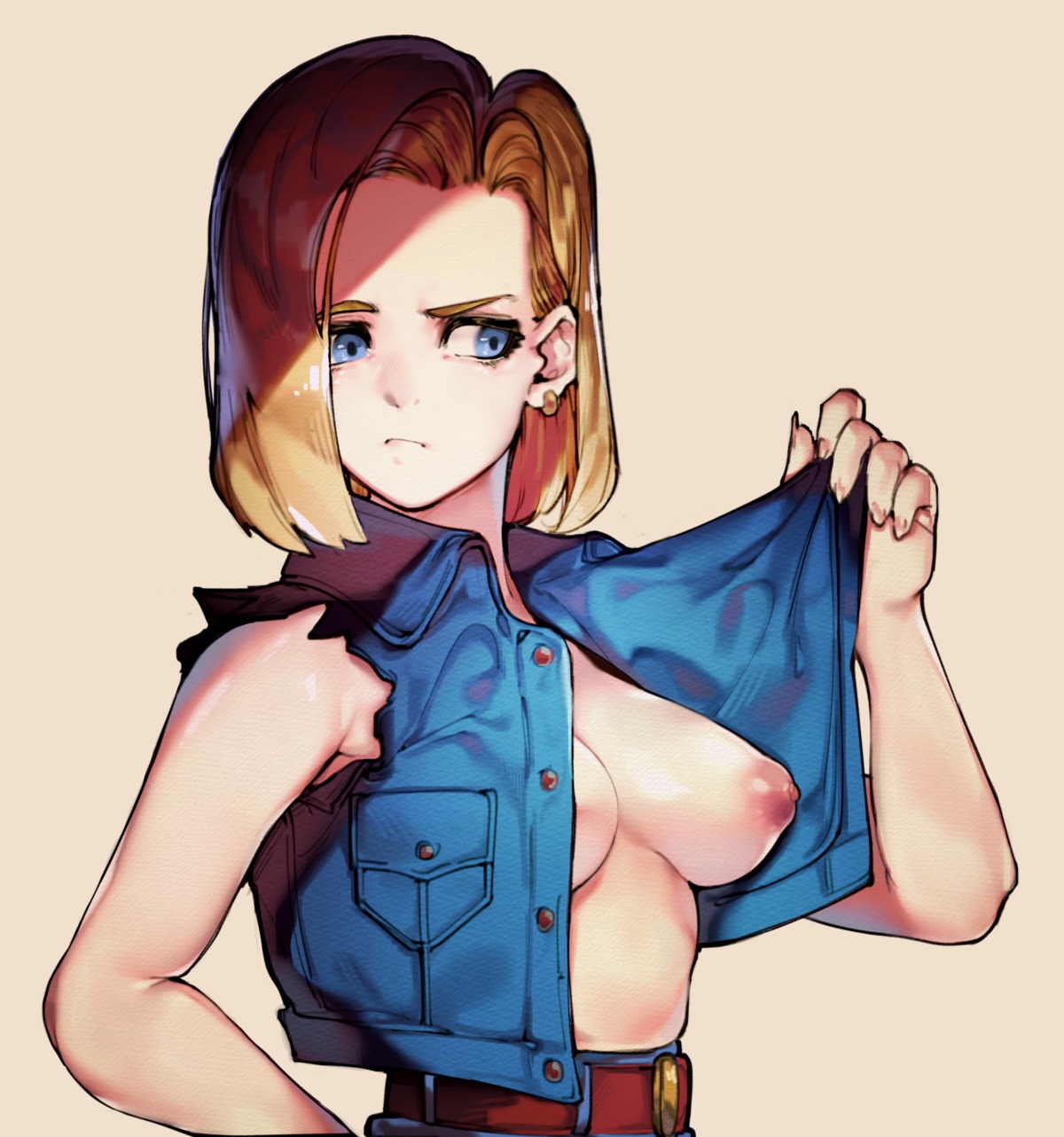 android_18 breasts dragon_ball dragon_ball_z nipples no_bra open_shirt roropull undressing