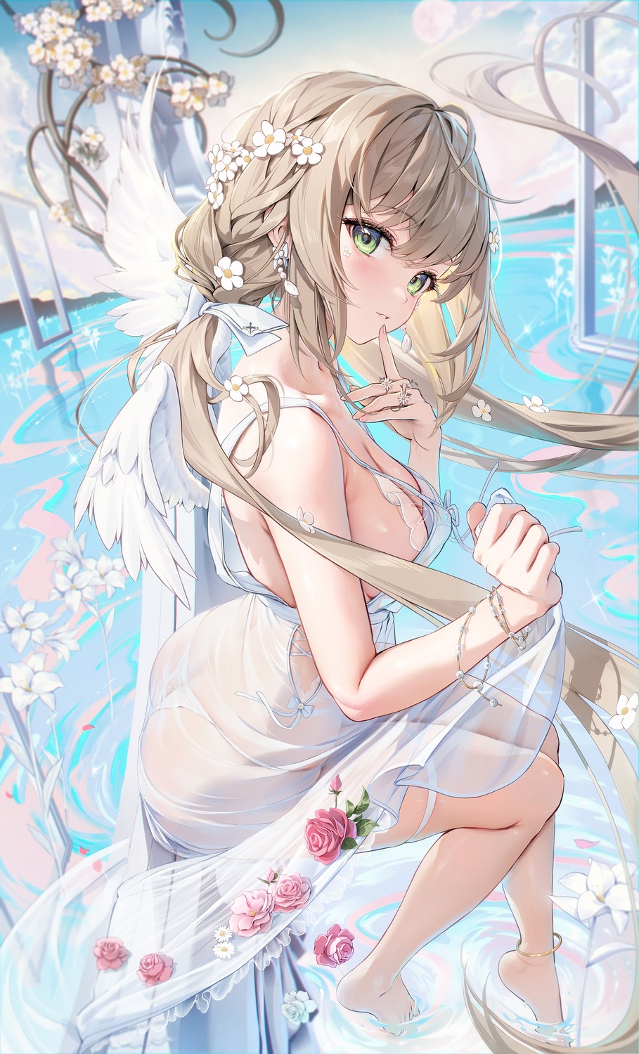 ass garter houkisei lingerie momoko_(houkiboshi) pantsu see_through skirt_lift thong wet wet_clothes wings