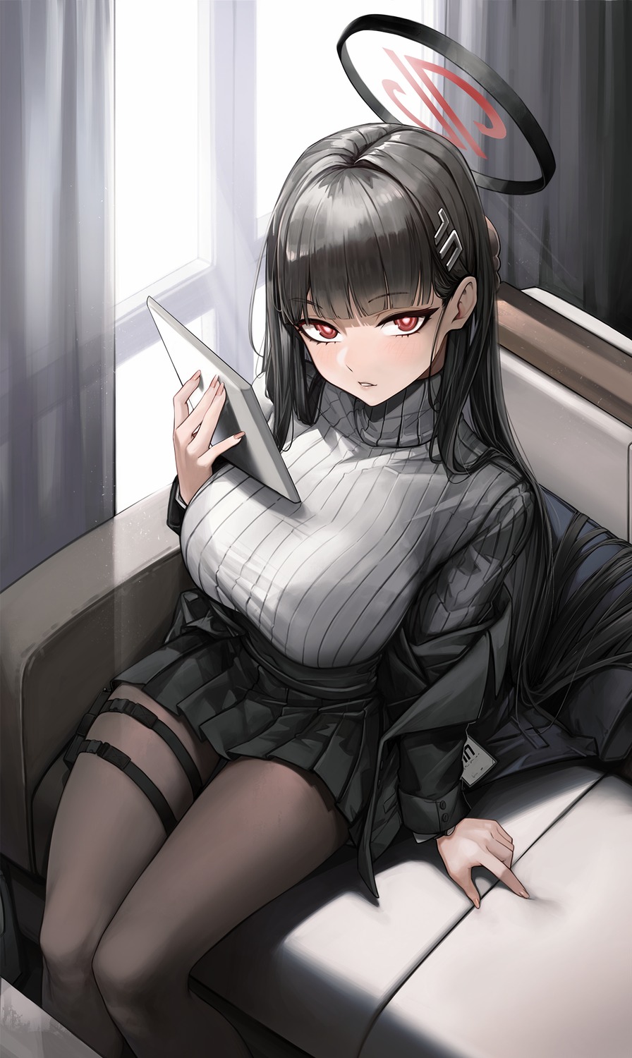 anizi blue_archive bra business_suit garter halo pantyhose see_through sweater tsukatsuki_rio