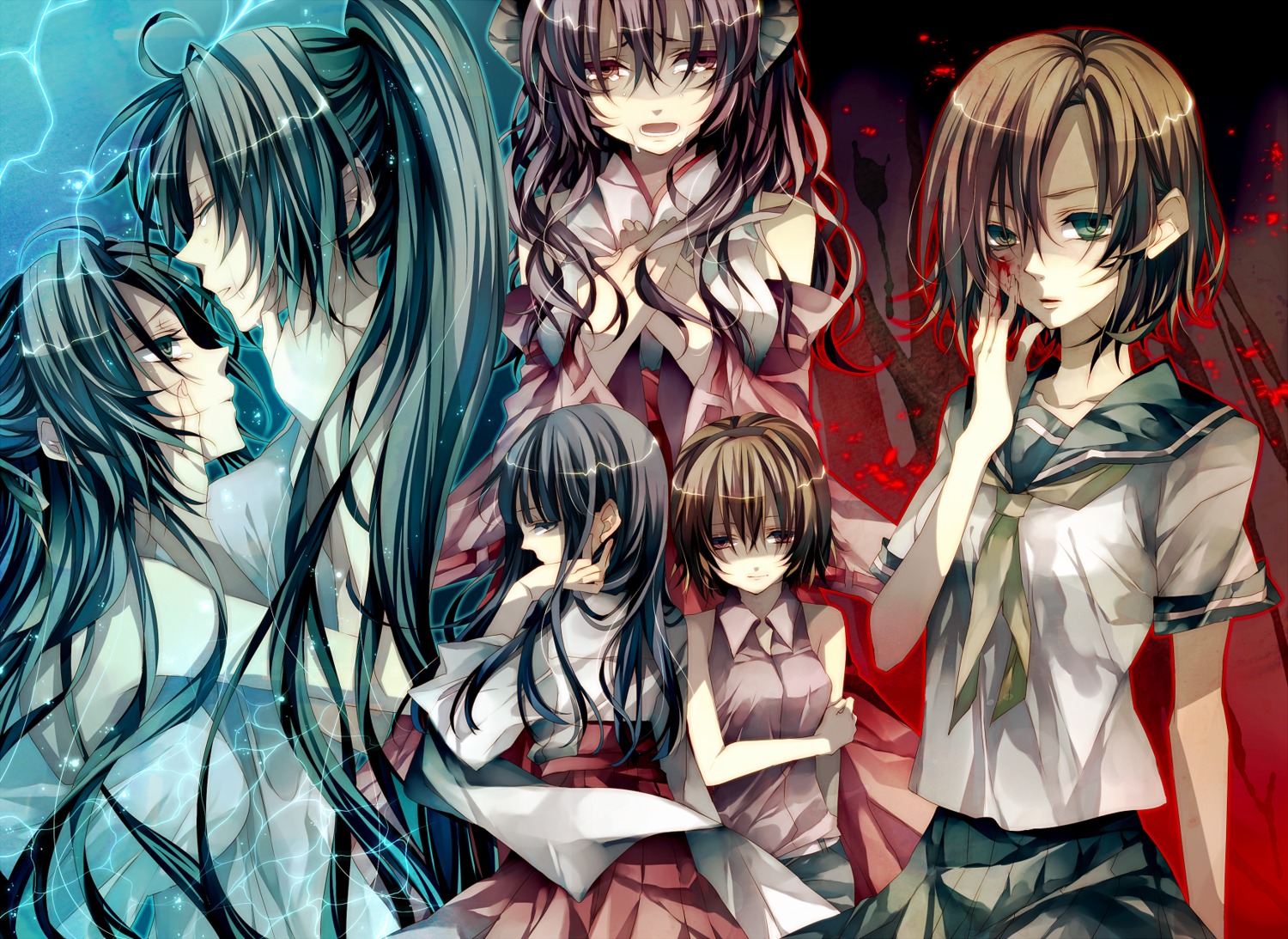 furude_rika hanyuu higurashi_no_naku_koro_ni horns houjou_satoko miko ryuuguu_rena seifuku sonozaki_mion sonozaki_shion tsukioka_tsukiho