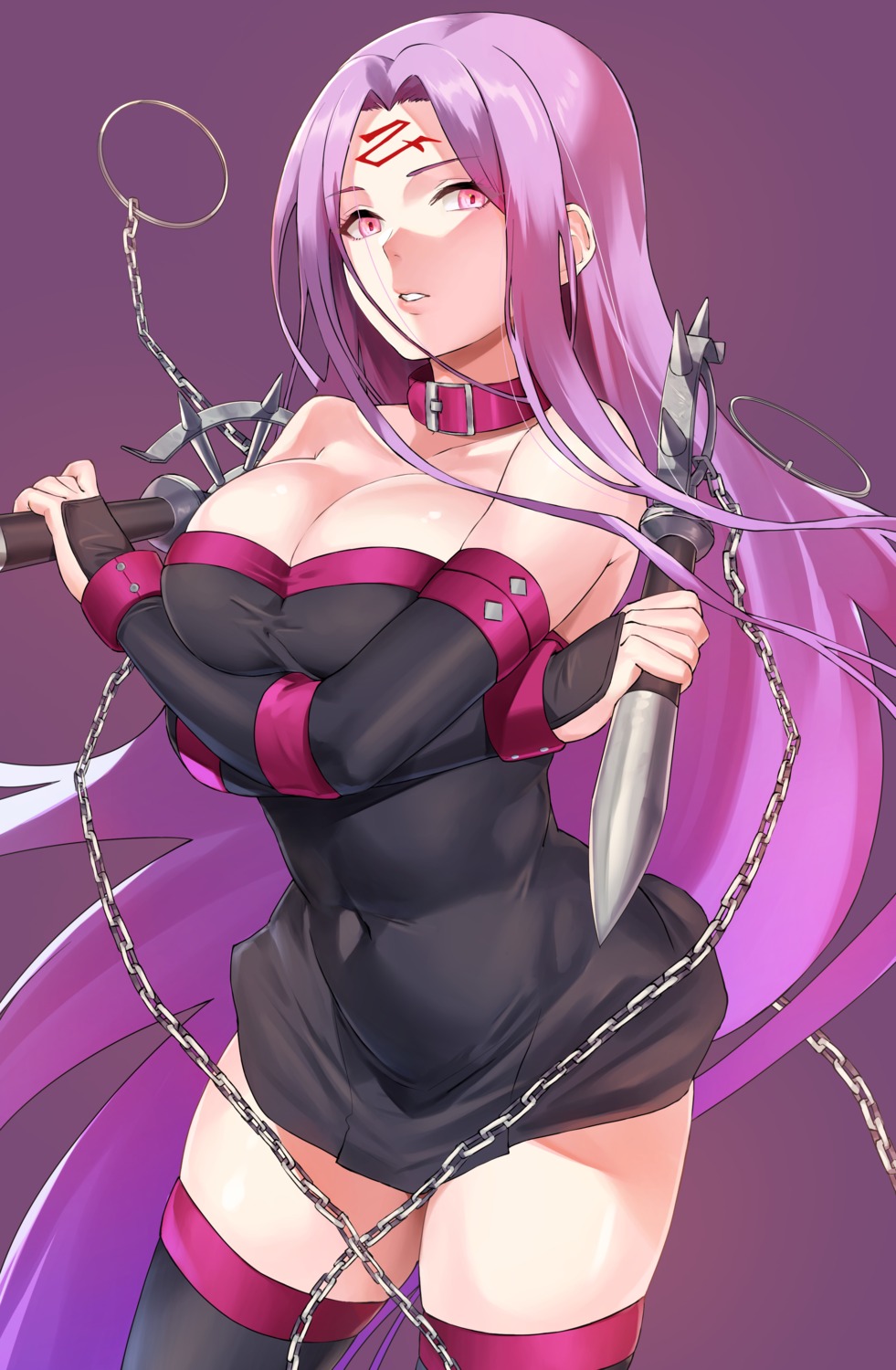 cleavage dress fate/stay_night hotate-chan no_bra rider skirt_lift tattoo thighhighs weapon
