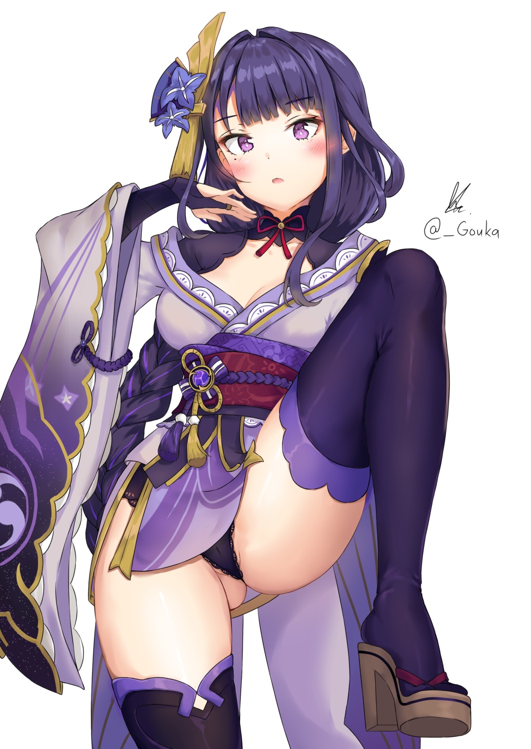 cleavage genshin_impact gouka heels japanese_clothes pantsu raiden_shogun skirt_lift thighhighs thong