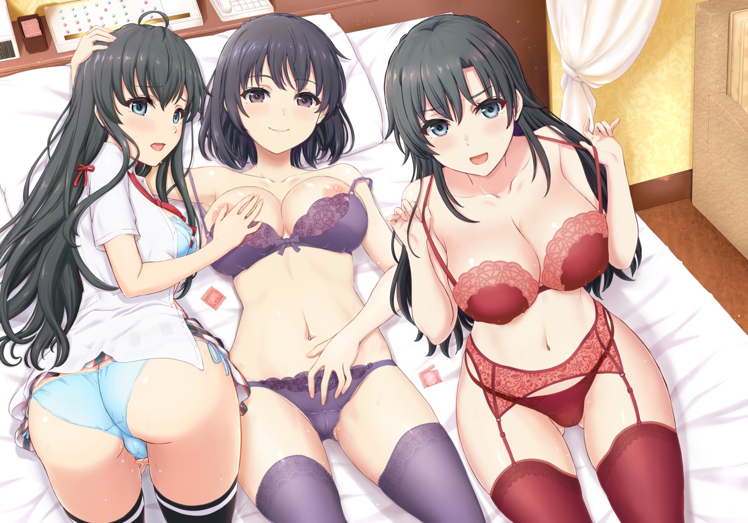 ass bra breast_hold breasts cameltoe garter_belt hiratsuka_shizuka inanaki_shiki lingerie masturbation nipple_slip nipples open_shirt pantsu pussy_juice seifuku skirt_lift stockings string_panties thighhighs undressing wet yahari_ore_no_seishun_lovecome_wa_machigatteiru. yukinoshita_haruno yukinoshita_yukino yuri