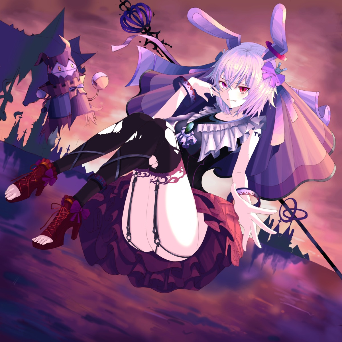 ahr_tato animal_ears bunny_ears heels nopan skirt_lift stockings thighhighs torn_clothes weapon