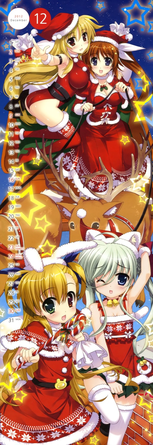 calendar christmas cleavage dress einhart_stratos fate_testarossa fujima_takuya heterochromia mahou_shoujo_lyrical_nanoha mahou_shoujo_lyrical_nanoha_vivid stick_poster takamachi_nanoha thighhighs vivio