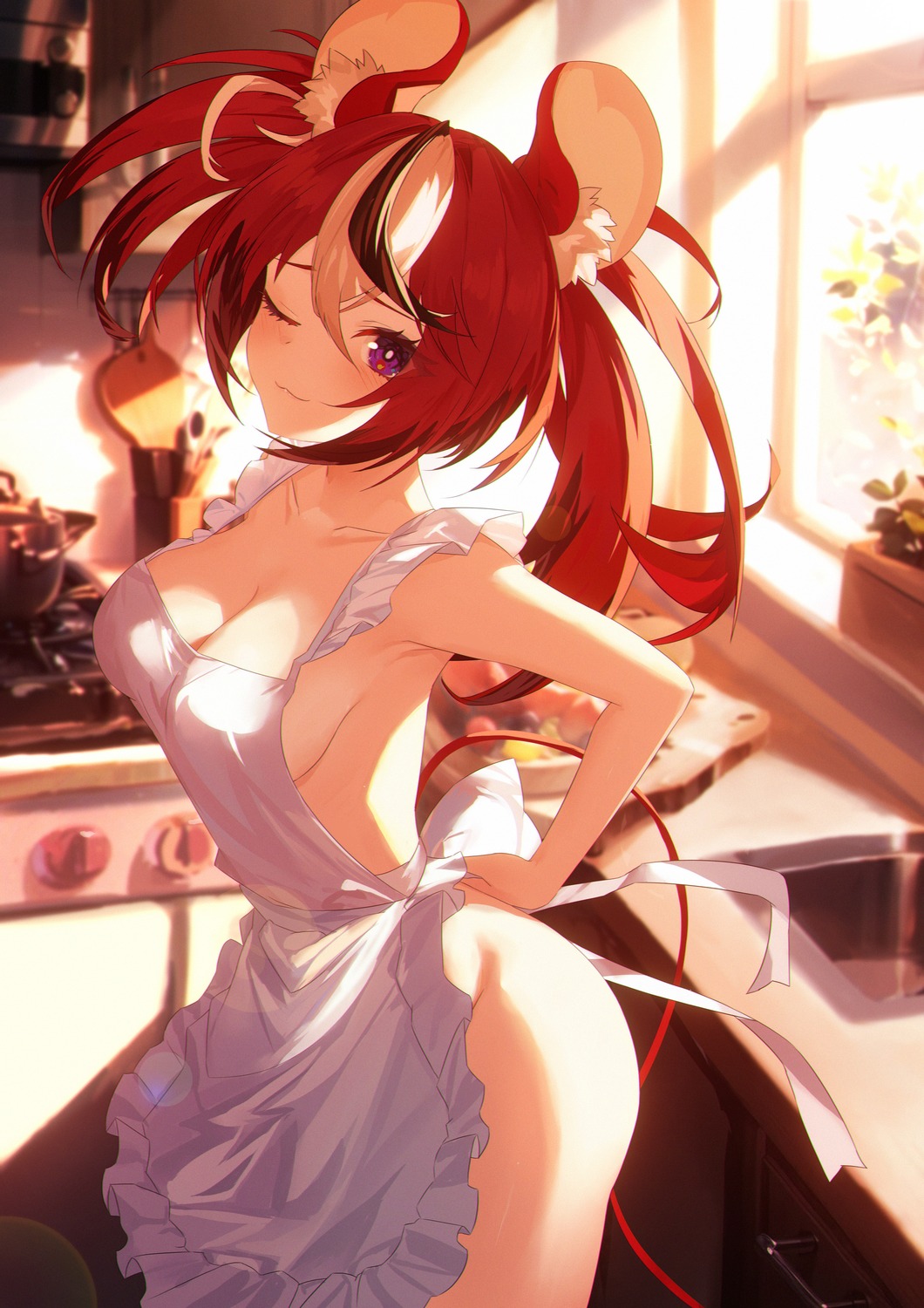 animal_ears hakos_baelz hololive hololive_english jiang_ye_kiri naked_apron tail