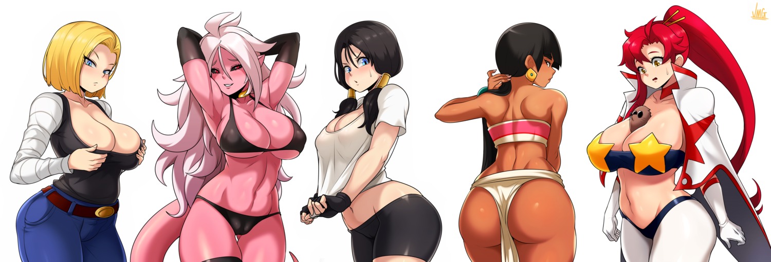 android_18 ass bike_shorts bikini cameltoe chel crossover dragon_ball dragon_ball_fighterz dragon_ball_z erect_nipples jmg majin_android_21 no_bra open_shirt pointy_ears see_through swimsuits tail tengen_toppa_gurren_lagann the_road_to_el_dorado videl yoko