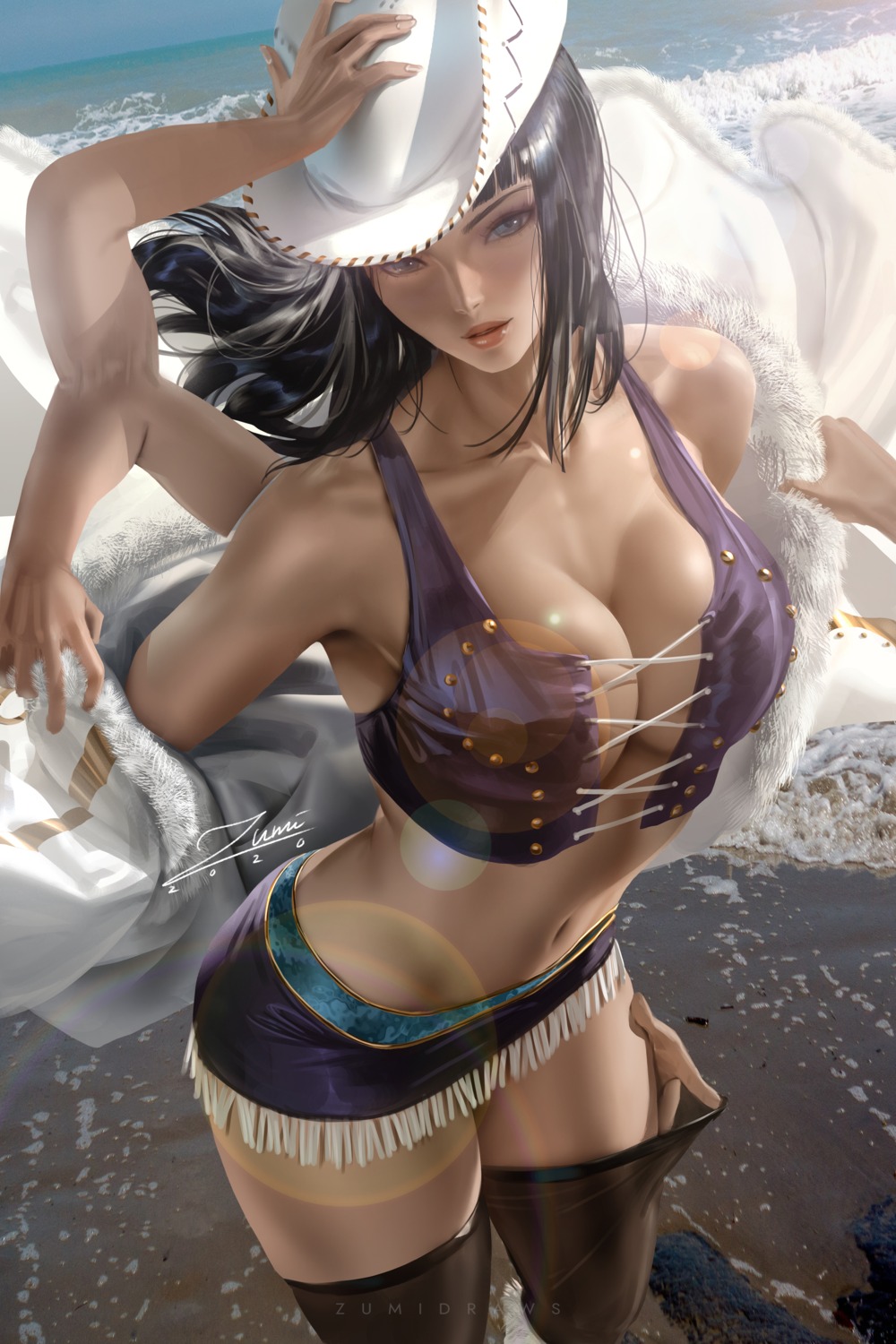 cleavage nico_robin no_bra official_watermark one_piece thighhighs undressing zumi_(zumidraws)