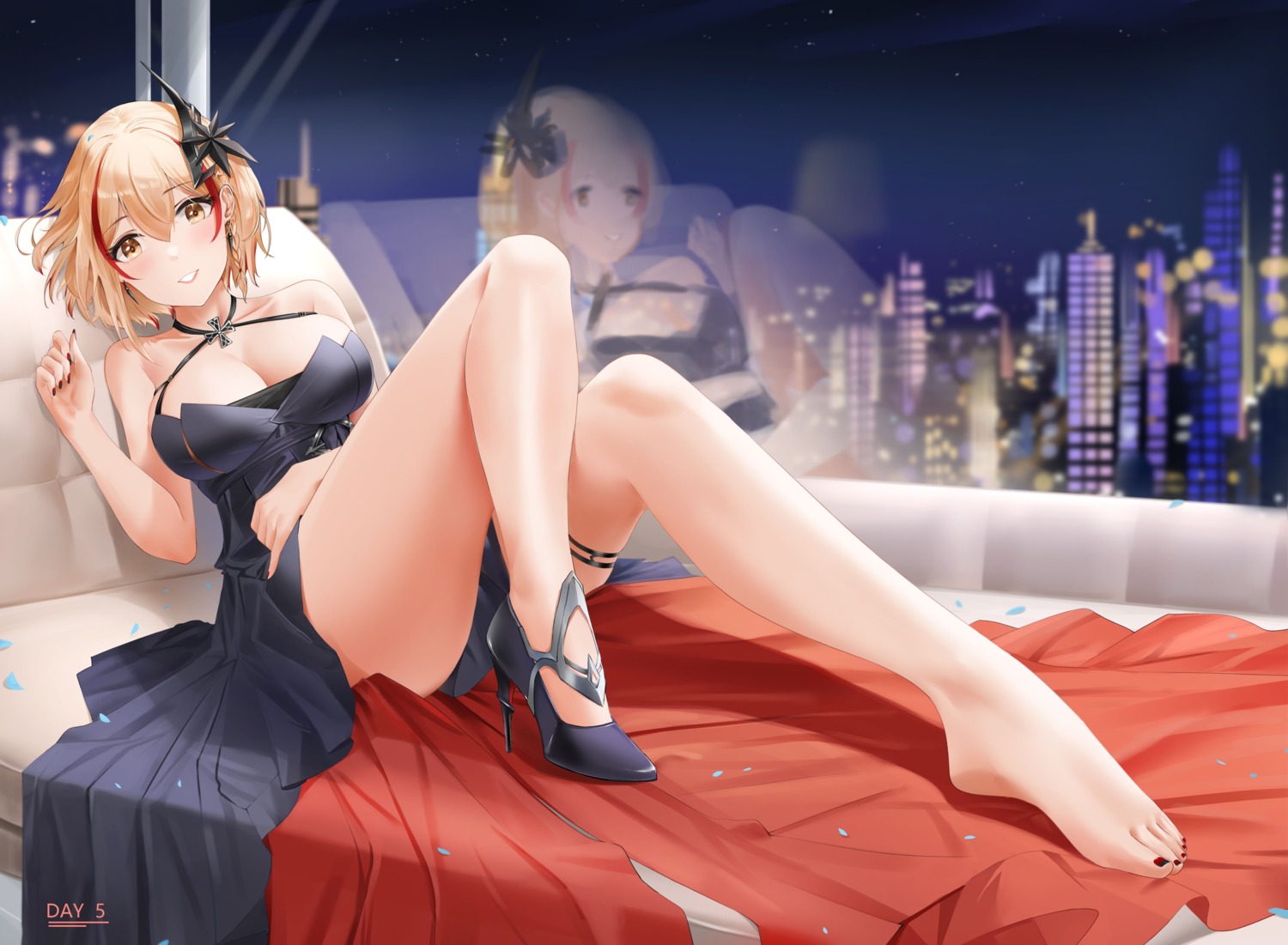 azur_lane dress feet garter heels no_bra qing_wu roon_(azur_lane) skirt_lift