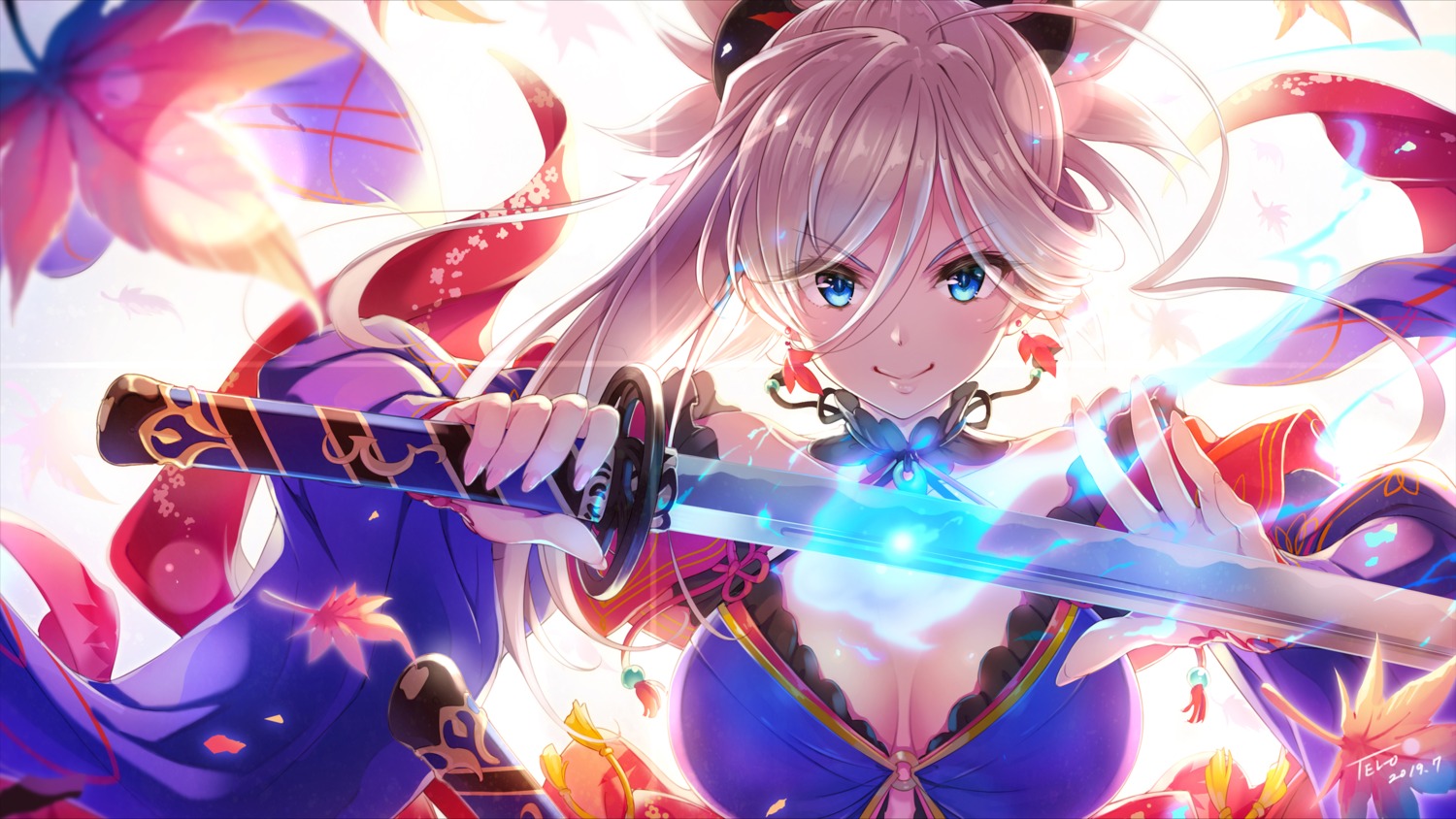 cleavage fate/grand_order japanese_clothes miyamoto_musashi_(fate/grand_order) sword tel-o