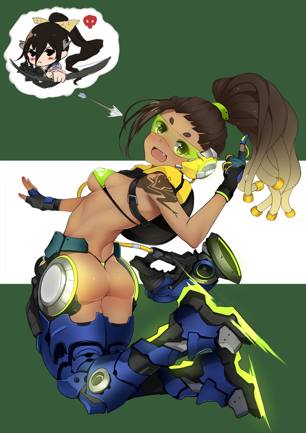 ass bba1985 bikini genderswap hanzo_(overwatch) lucio_(overwatch) overwatch swimsuits tattoo weapon